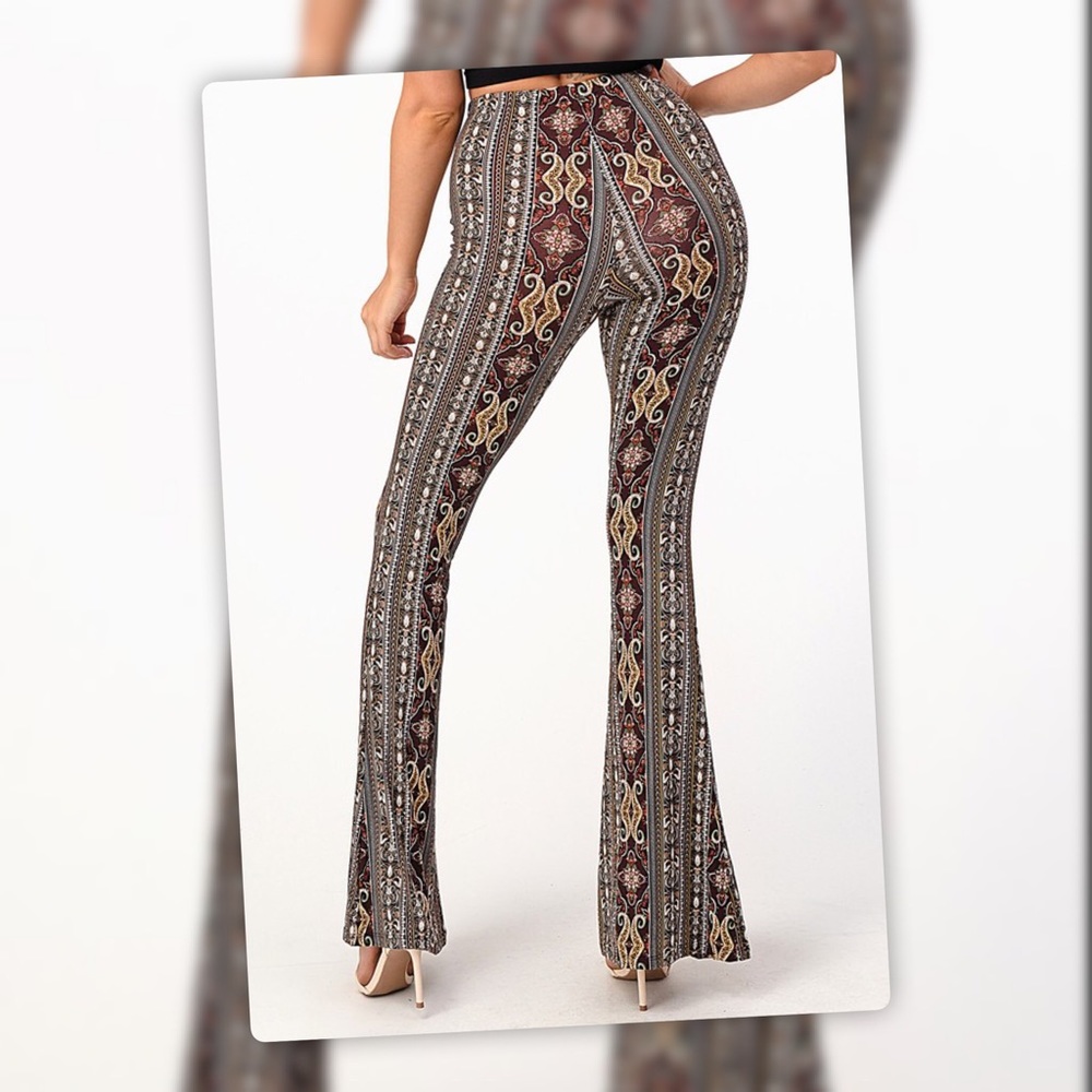 Tik Tok Famous Brown Multi Tribal Print Bell Bottom Flare Stretch Pants - Picture 8 of 12